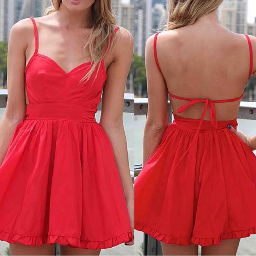 Red Open Back Ruffle Hem Dress - Picture 2 of 6